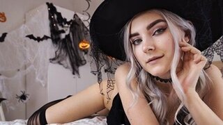 Cute horny witch gets facial and swallows cum. Eva Elfie