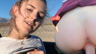 Public teen sex in the convertible car on a way to Las Vegas Eva Elfie