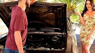A beautiful milf with elastic breasts paid for sex with a car mechanic