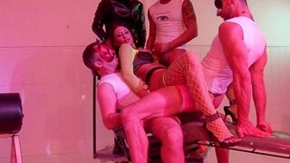 A beautiful brunette in heels is fucked qualitatively in all holes on the couch